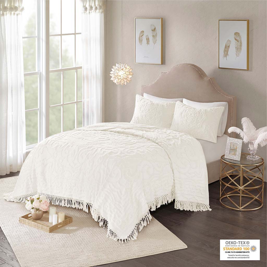 Laetitia - Tufted Medallion Fringe Coverlet Mini Set - Off White