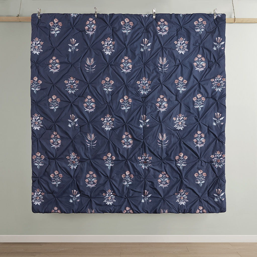 Marfa - 4 Piece Pintuck Comforter Set With Throw Pillow - Navy
