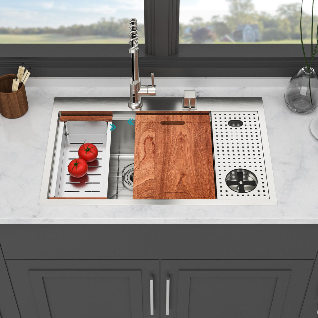 Single Bowl Workstation Kitchen Sink With Cup Washer 16 Gauge Stainless Steel - Black / Gray