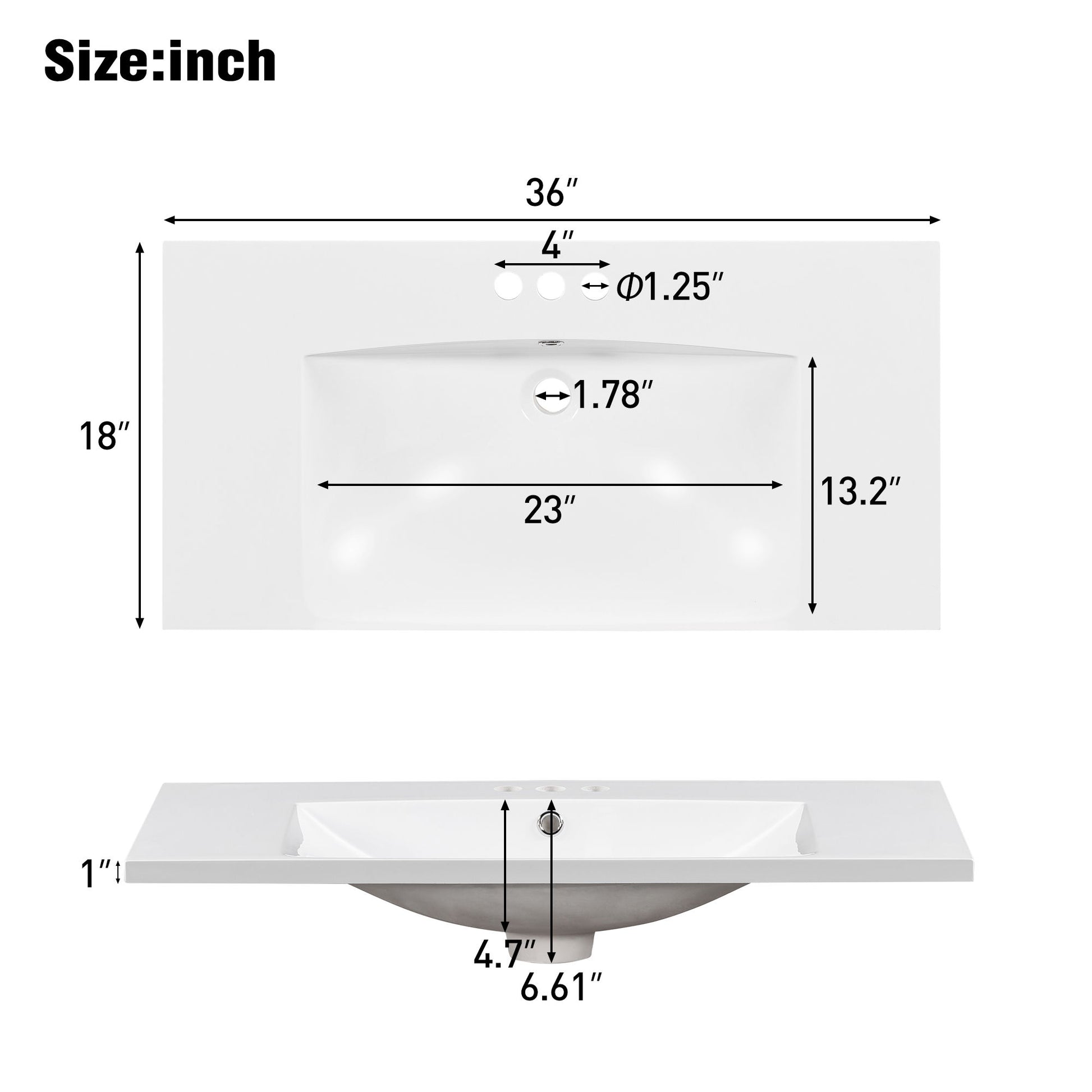Single Bathroom Basin Sink, Vanity Top Only With 3 Faucet Holes