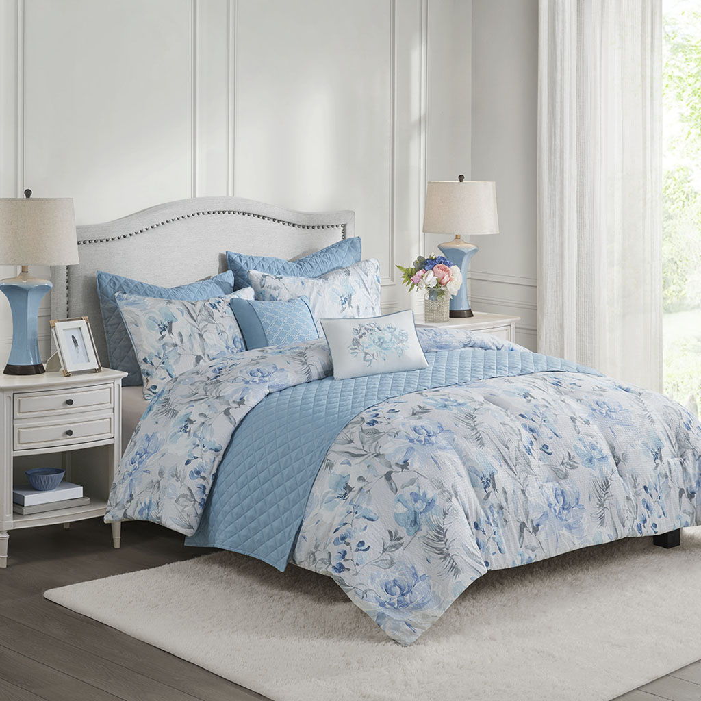 Pema - King 8 Piece Printed Comforter And Coverlet Set Collection - Blue