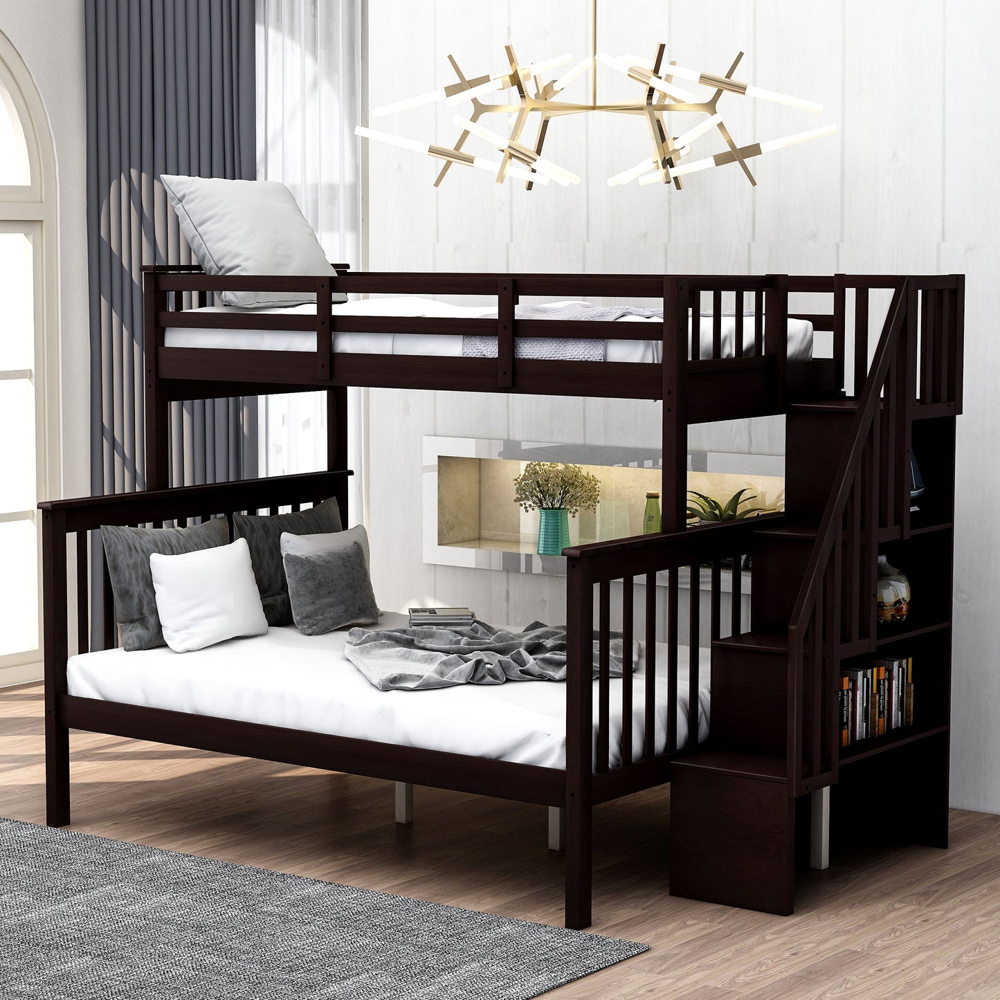 Stairway Twin Over Full Bunk Bed With Storage And Guard Rail For Bedroom - Espresso