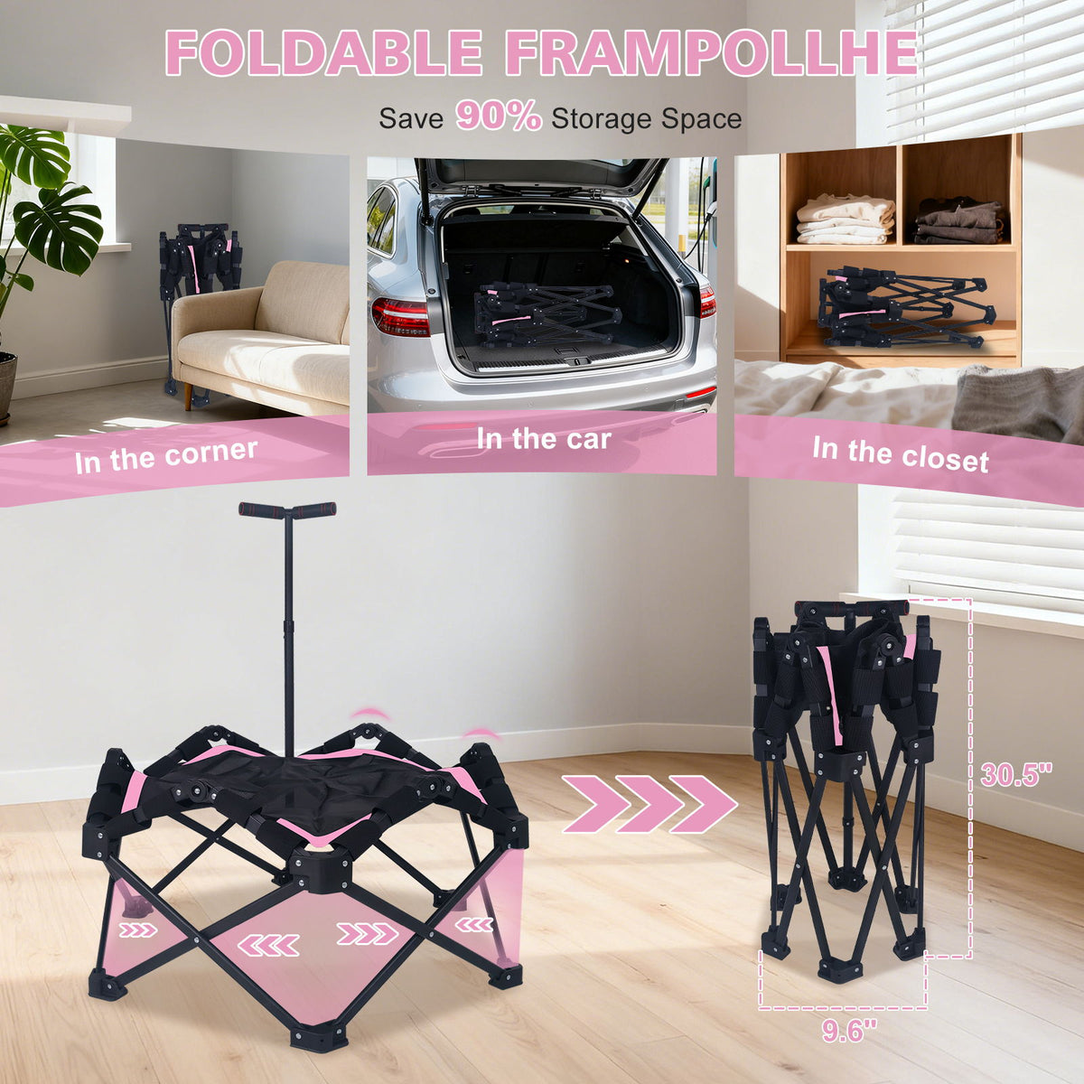 Foldable Mini Trampoline, 1 Step Fold & Open, 3 Level Adjustable T - Bar, Indoor & Outdoor Workout - Black / Pink