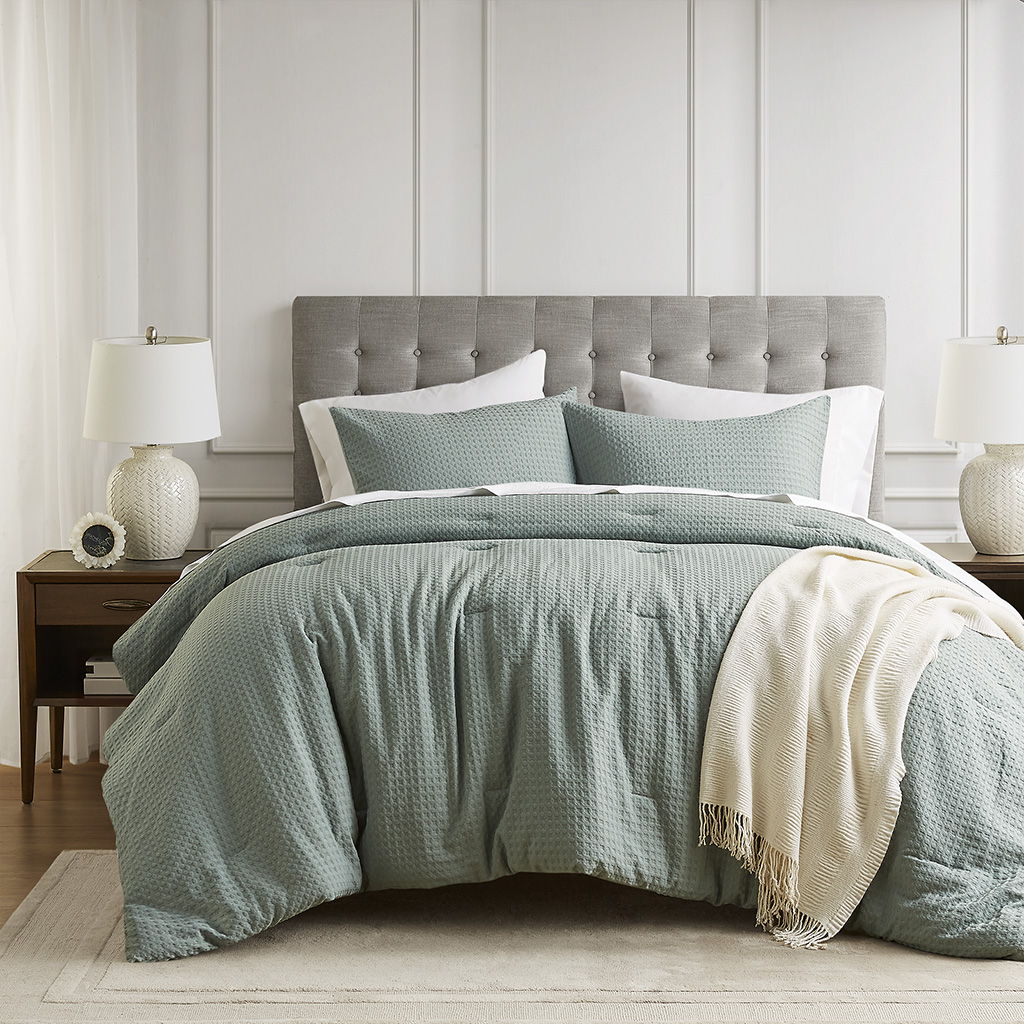 Mina - Twin/Twin Long Waffle Weave Textured Comforter Set - Sage Green