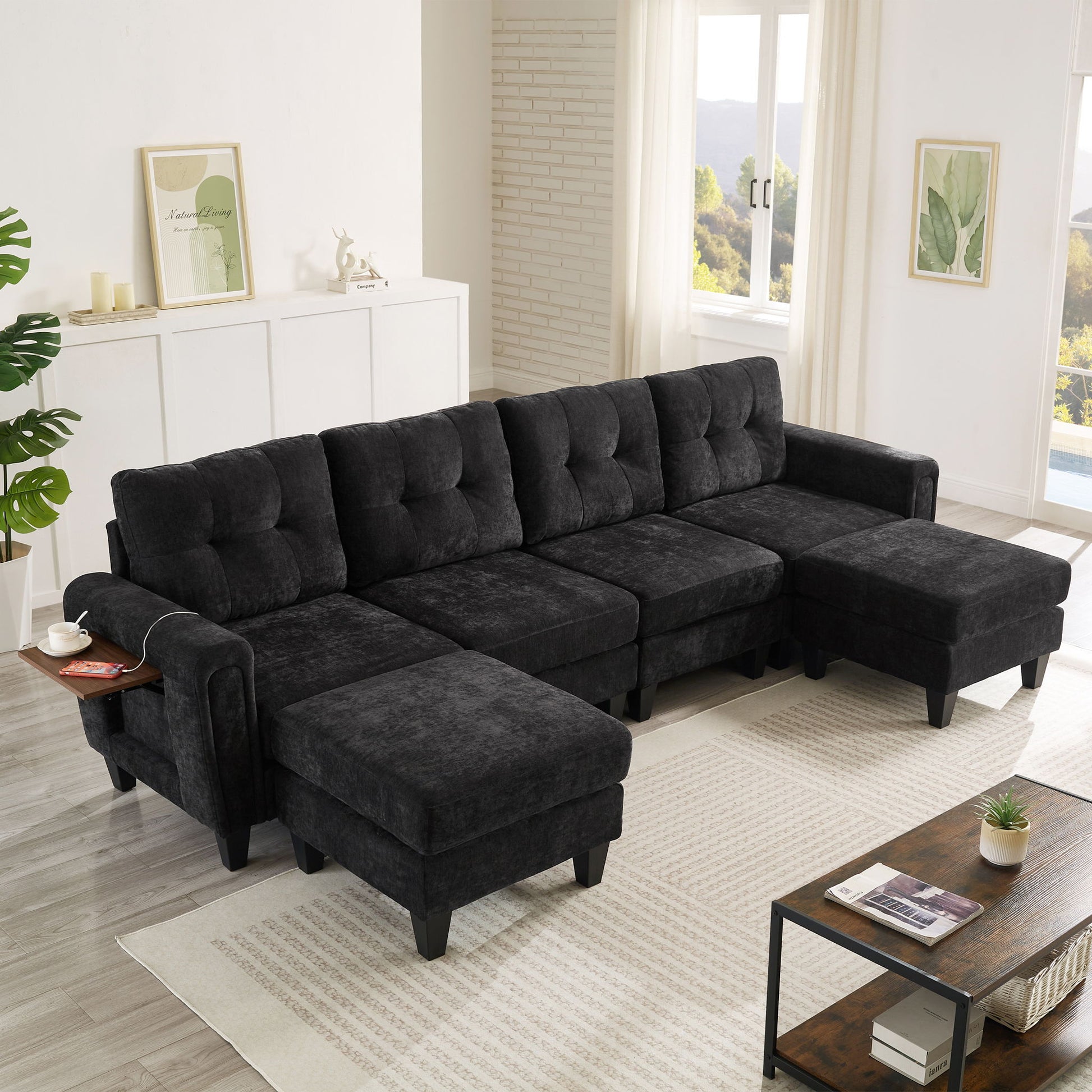 Modular Sectional Sofa With Movable Ottomans, USB Ports & Side Tables