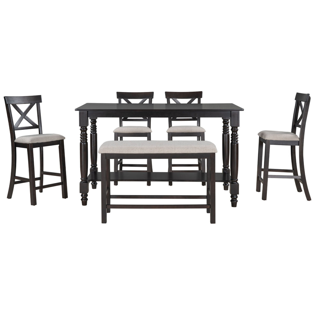 Counter Height Dining Set With Shelf, 4 Chairs And Bench