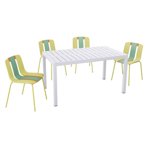 4 Piece Set Of Striped Color Blocking Single Chairs & Long Table - Grain Yellow / Haze Green / Tropical Orange / White