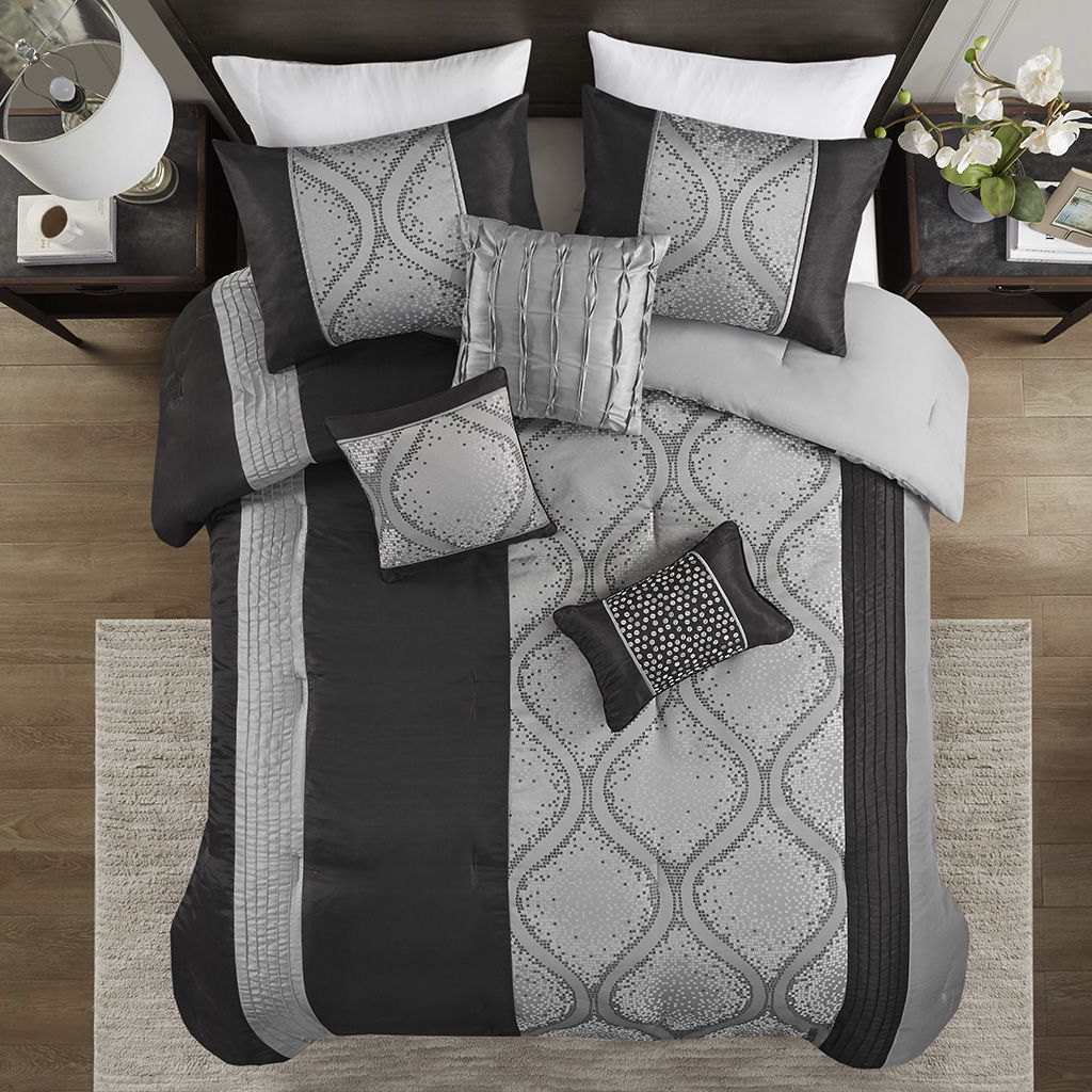 Lori - 6 Piece Jacquard Comforter Set With Throw Pillows - Black