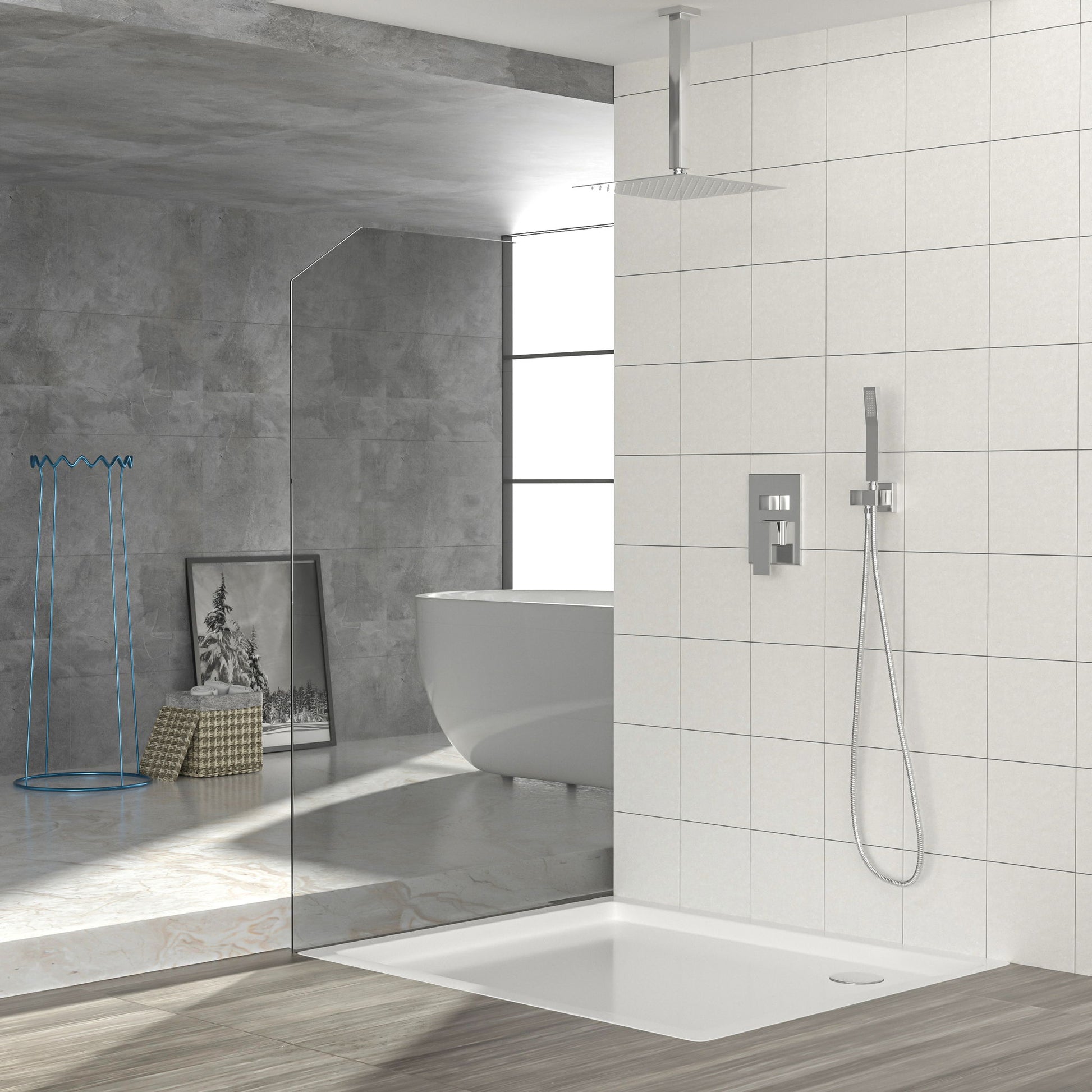 Dual Shower Head Ceiling Mount Square Rain Shower System With Adjustable Flow