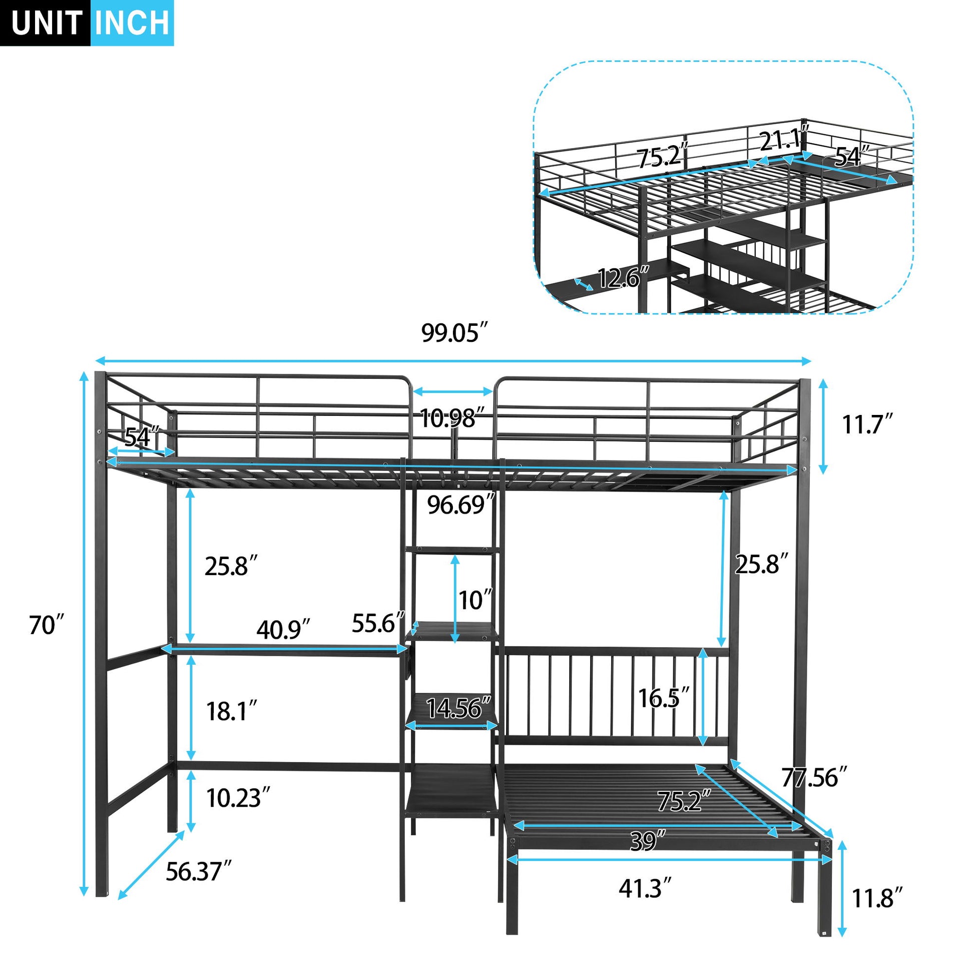Full Over Twin Bunk Bed With Built In Desk, Shelves And Ladder - Black