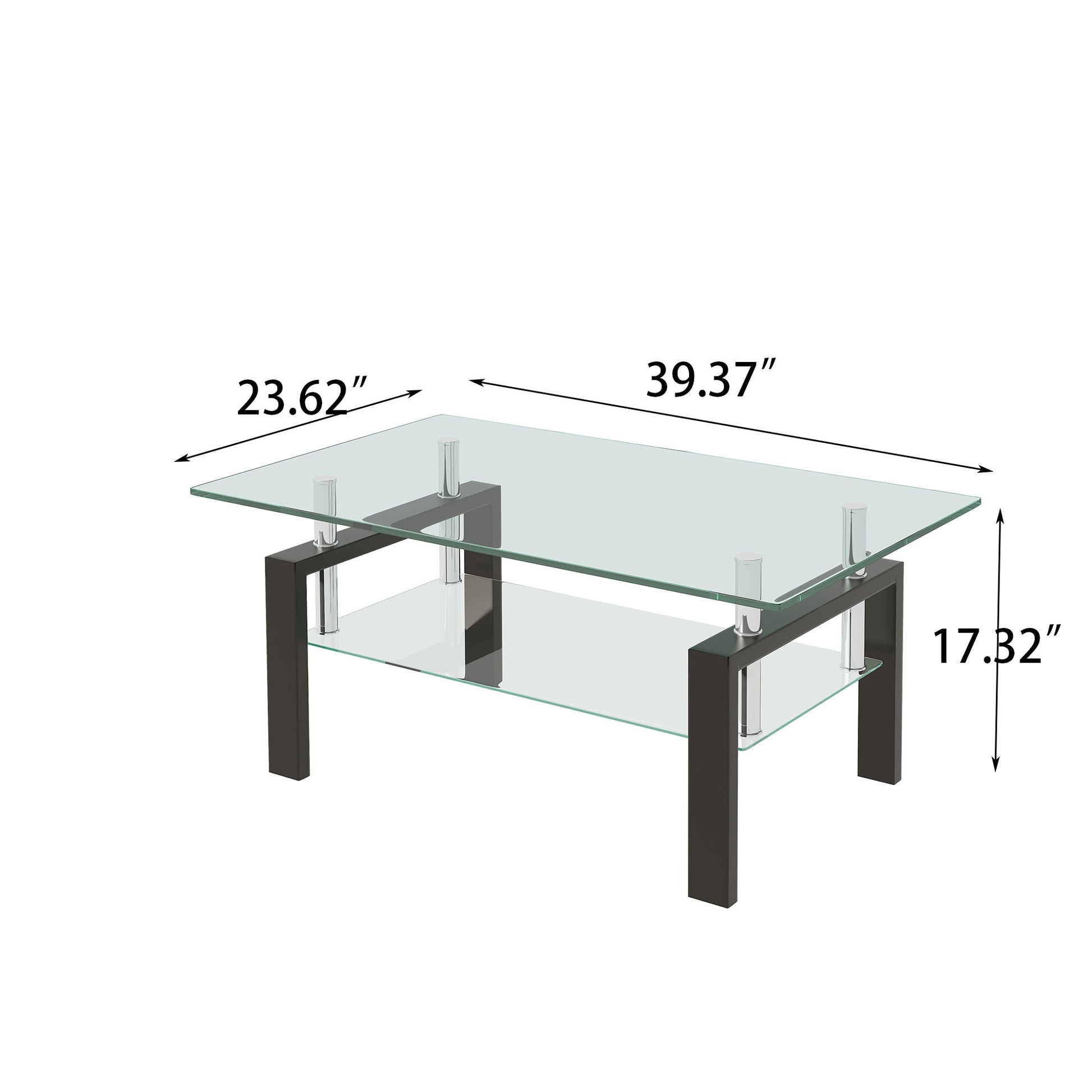 Tempered Clear Glass Coffee Table, 2-Layers Coffee Table Living Room Center Table - Black