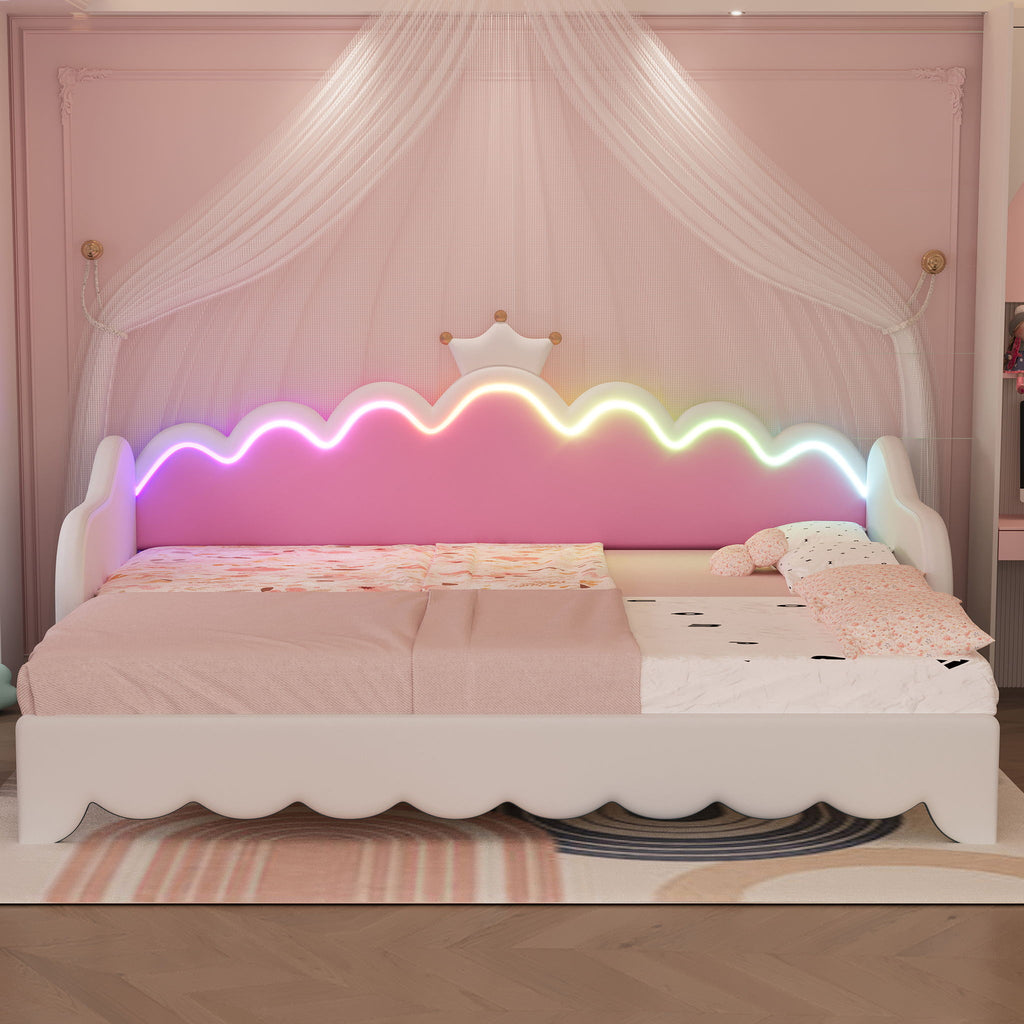 Extending Daybed With LED Lights, Modern Upholstered Princess Daybed With Crown Headboard