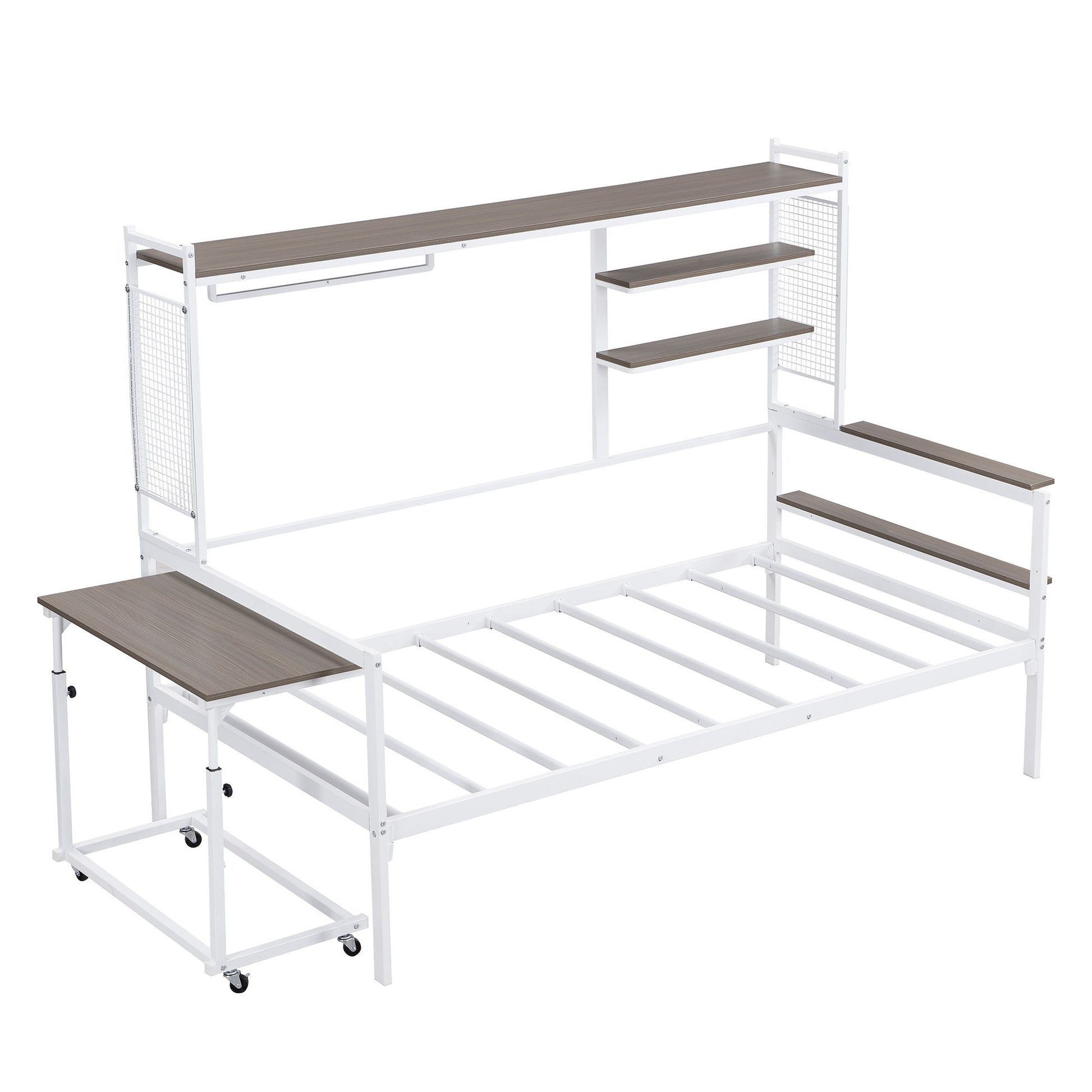 Daybed With Movable Desk, Grid, Shelves And Clothes Hanger