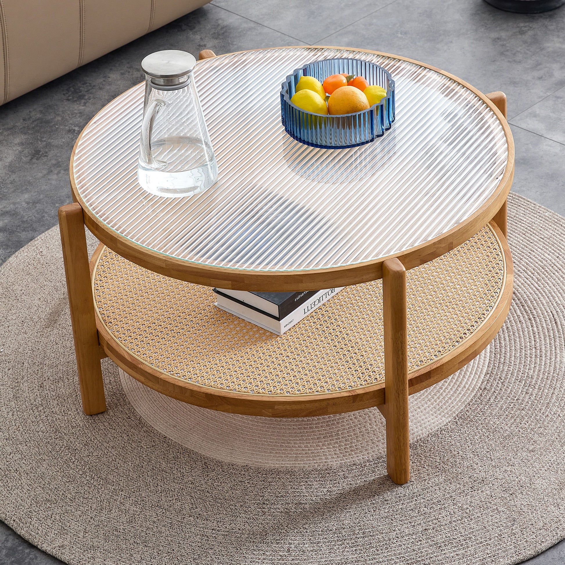 Modern Style Circular Double Layer Tea Table With Rattan Weave
