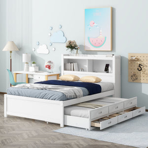Full Size Platform Bed With Trundle, Drawers, USB Ports And Built In Shelves - White