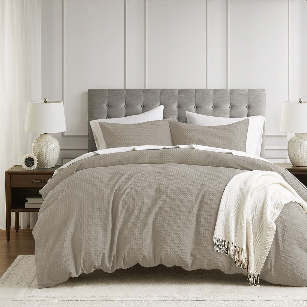 Mina - Full/Queen Waffle Weave Textured Duvet Cover Set - Neutral