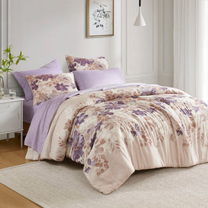 Luna - 7 Piece Queen Floral Comforter Set With Bed Sheets - Taupe