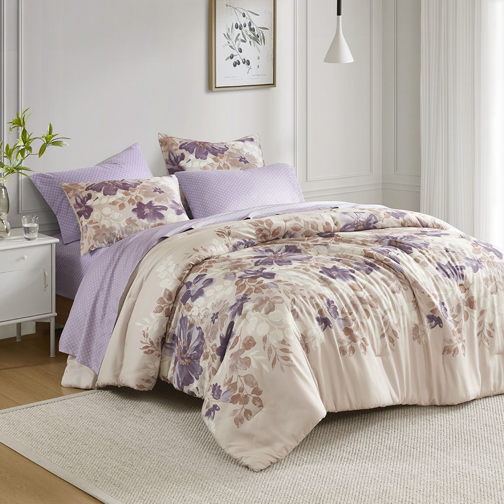 Luna - 7 Piece Full Floral Comforter Set With Bed Sheets - Taupe