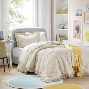 Phoebe - Twin/Twin Long Diamond Quilted Ruffle Edge Comforter Set - Neutral