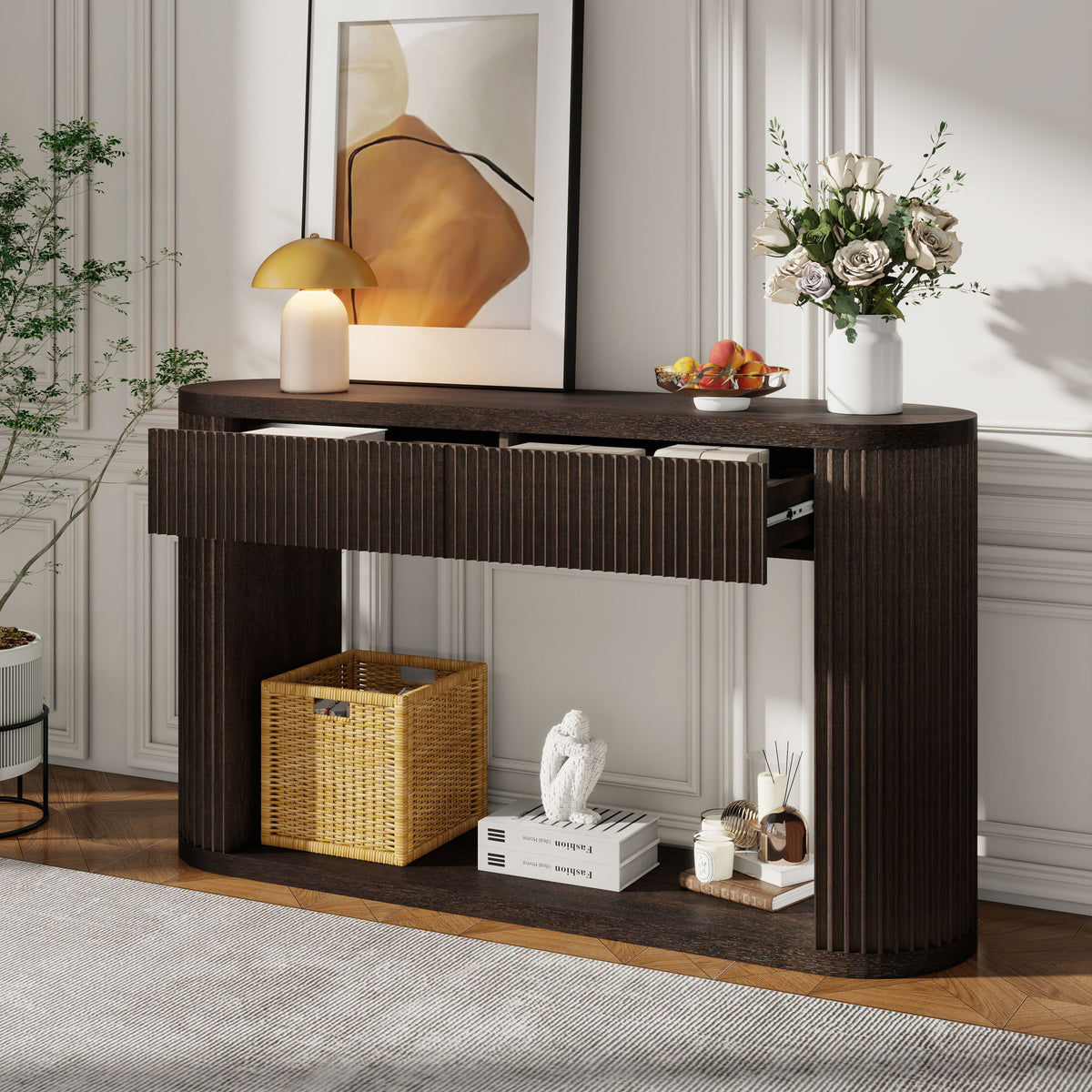 Oval Fluted Console Table With 2 Drawers And Bottom Shelf
