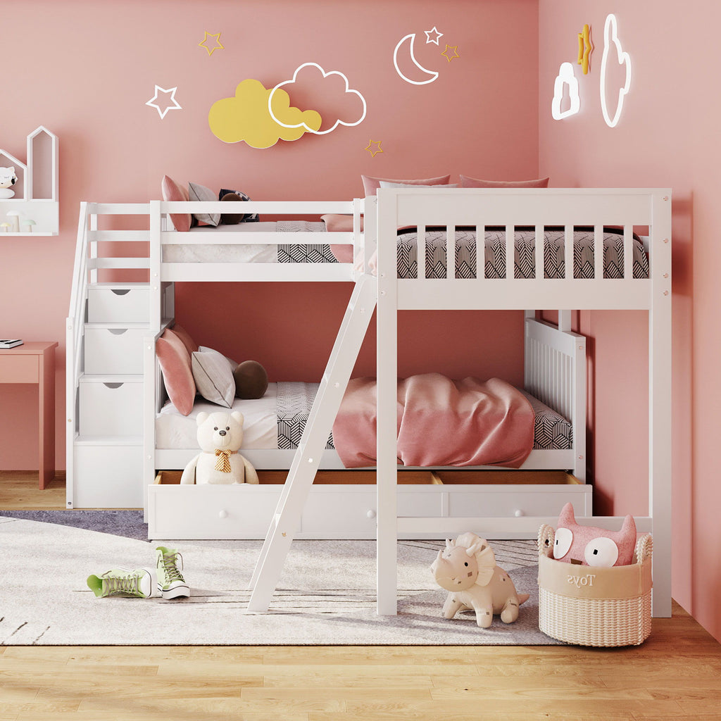 Solid L Shaped Bunk Bed With 3 Drawers, Ladder And Staircase