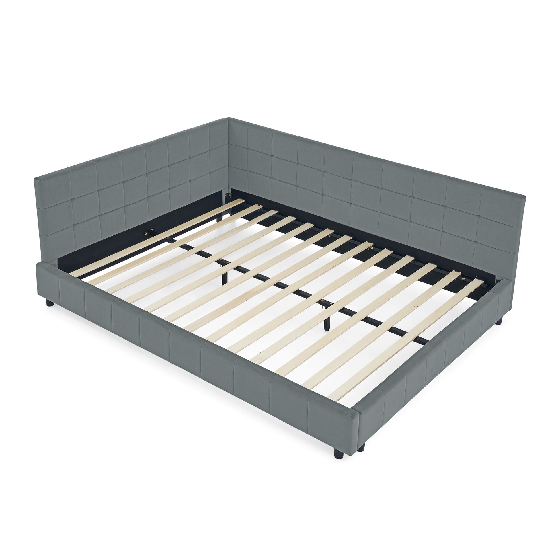 Mid-Century Storage Upholstered Tufted Bed Frame With Backrest And Armrests