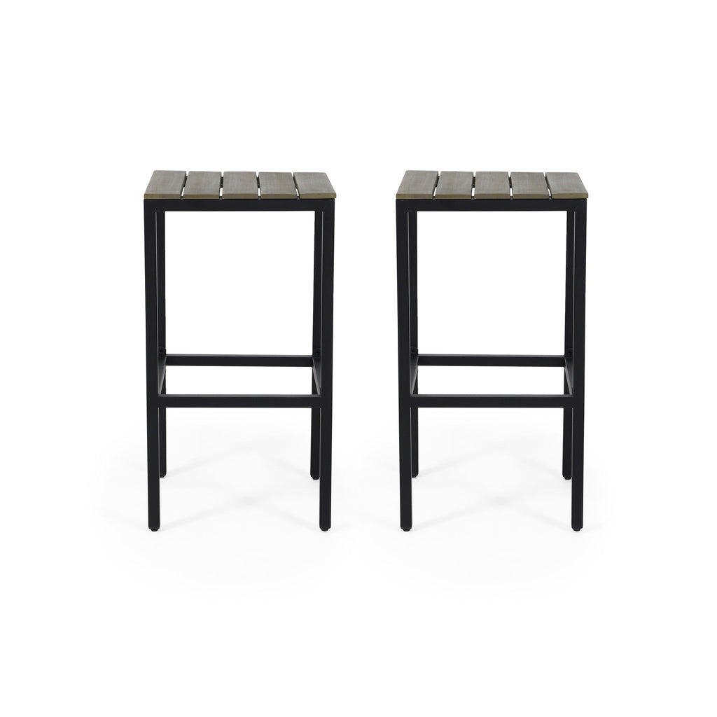 Outdoor Bar Stool With Slat Design And Metal Frame (Set of 2)