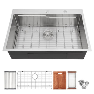 33" Drop In Kitchen Sink With Ledge Workstation, Single Bowl, 16 Gauge Stainless Steel - Black / Gray