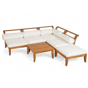 6 Piece Patio Sofa Set, Acacia Wood Outdoor Modular Sectional Garden Furniture Set L Shaped Conversation Set, Convertible Daybed With Tea Table, Ottoman, 5 Cushions And Pillows - Teak / Beige