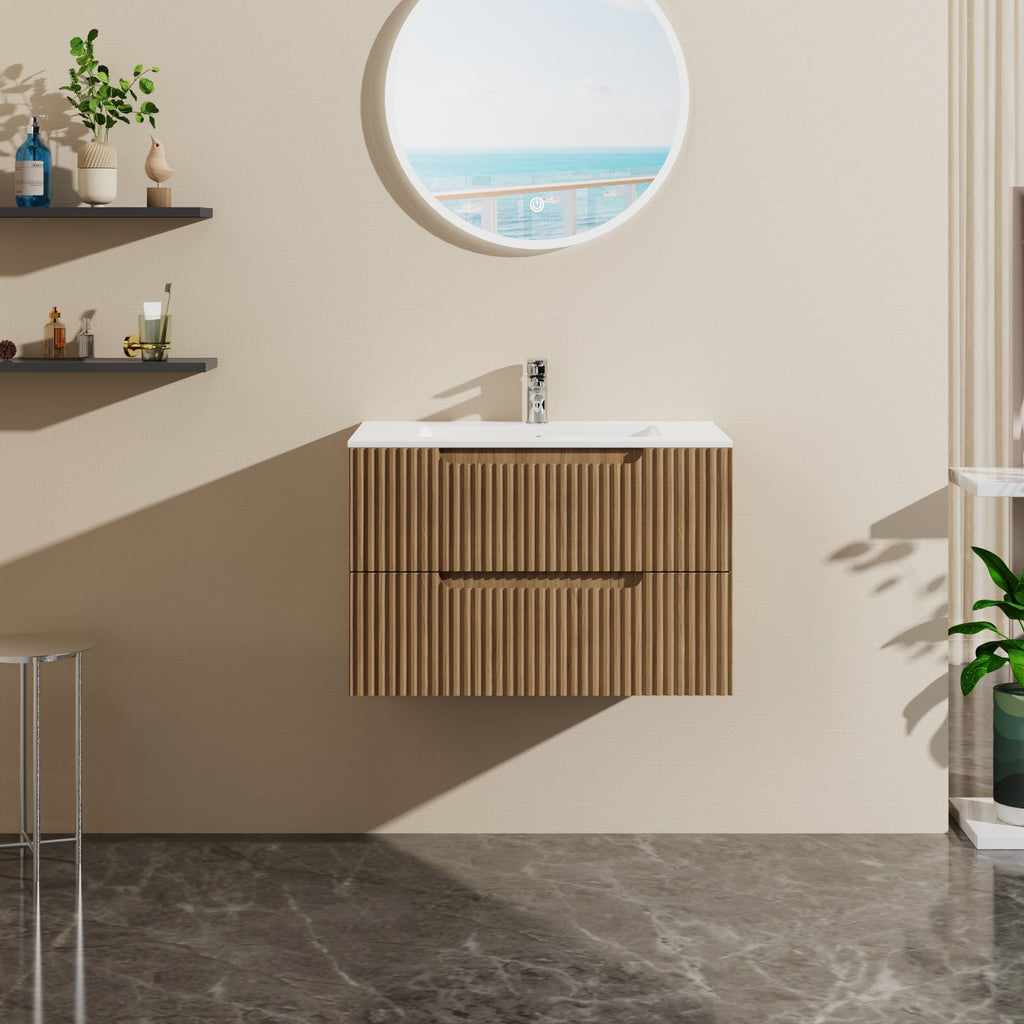 30" Wall Mounted Bathroom Vanity With Sink, Soft Close System, And Spacious Drawers - Walnut