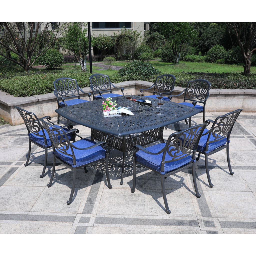 Square 8 Person 64" Long Aluminum Dining Set With Cushions