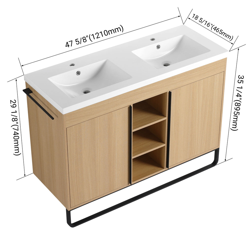 48" Freestanding Bathroom Vanity With Double Sink, 2 Soft Close Doors & 3 Open Shelves - Oak