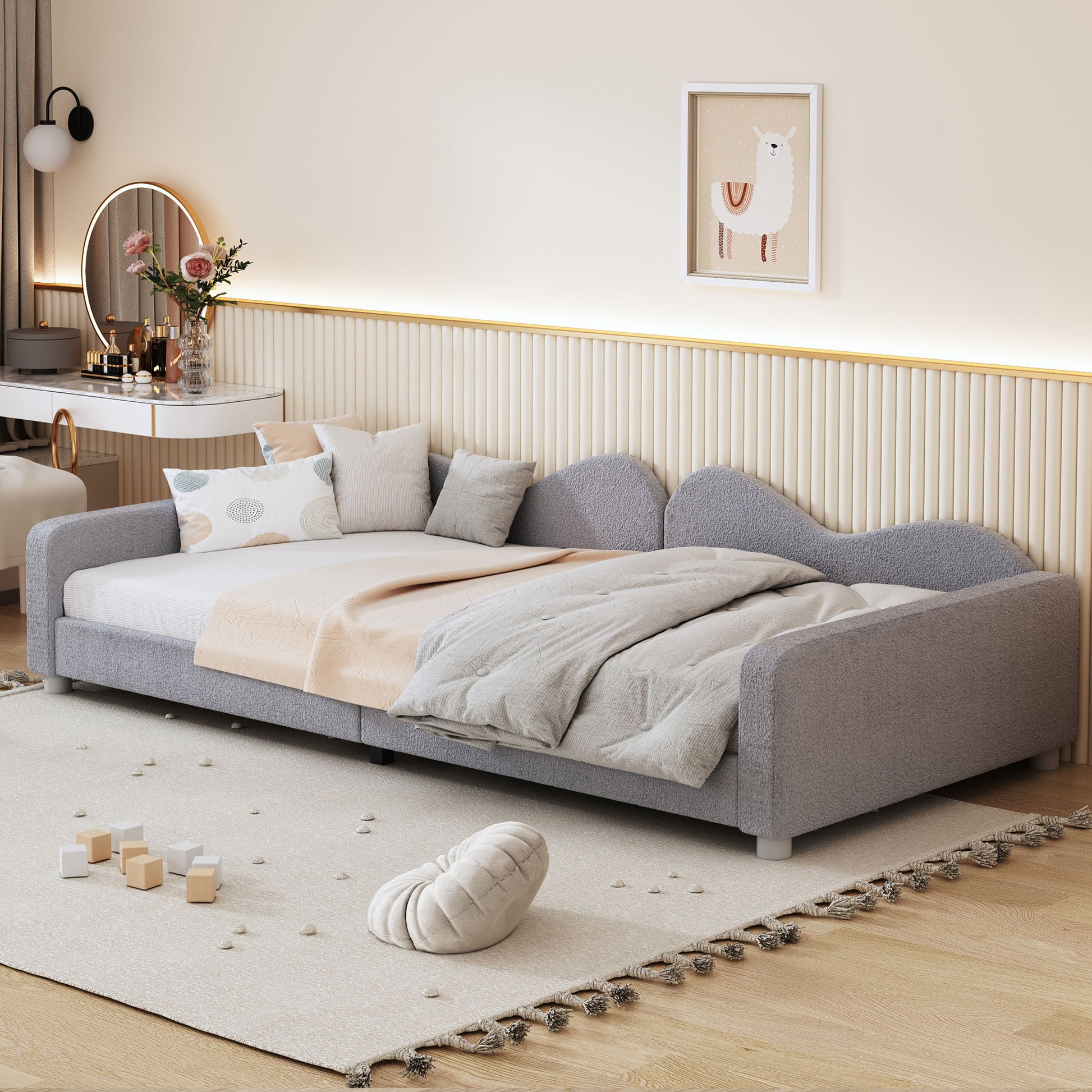 Upholstered Daybed, Sherpa Fabric Sofabed With Cloud-Shaped Backrest
