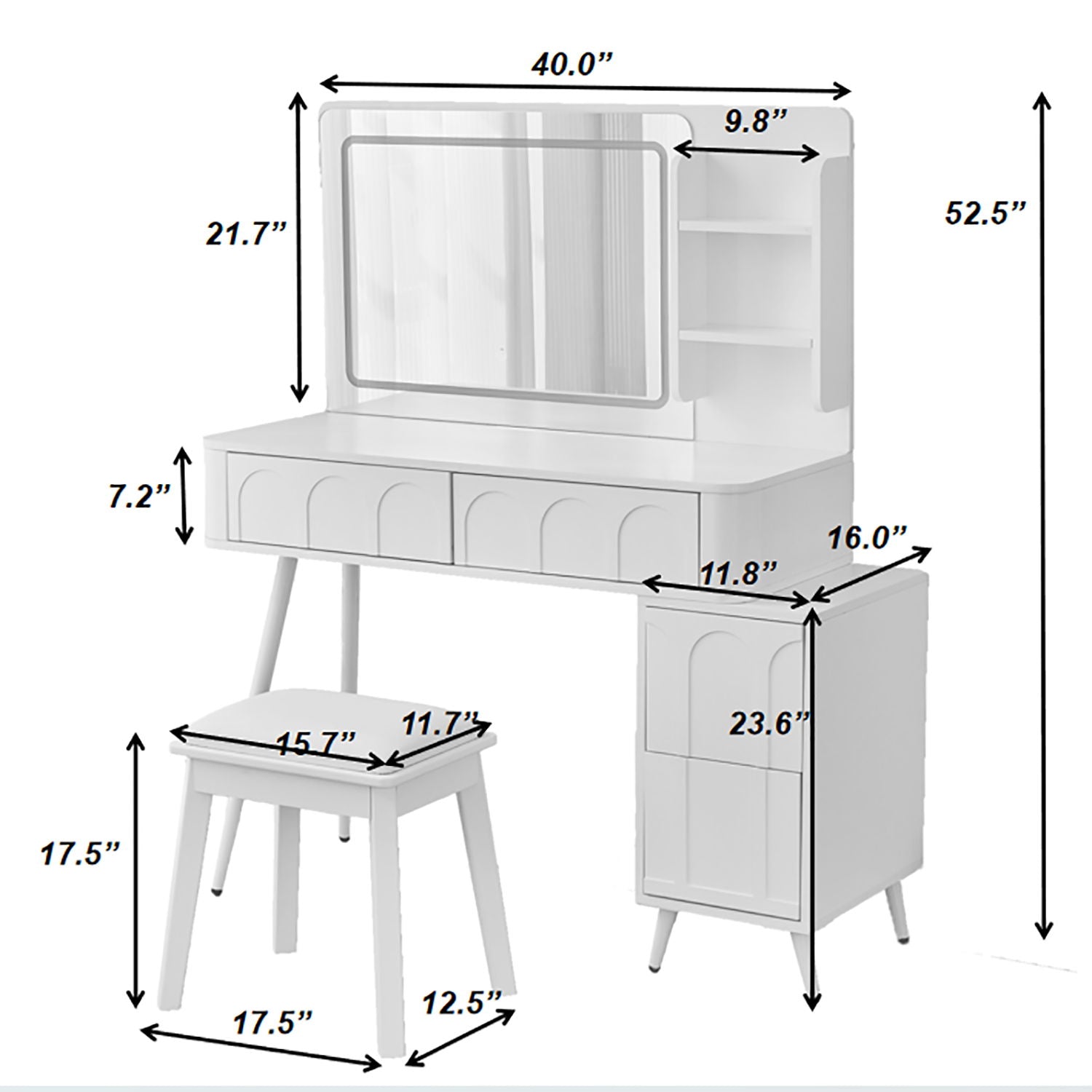 Modern Makeup Vanity Desk With LED Lights & Mirror 4 Drawer Dressing Table Set Space Saving For Bedroom - White