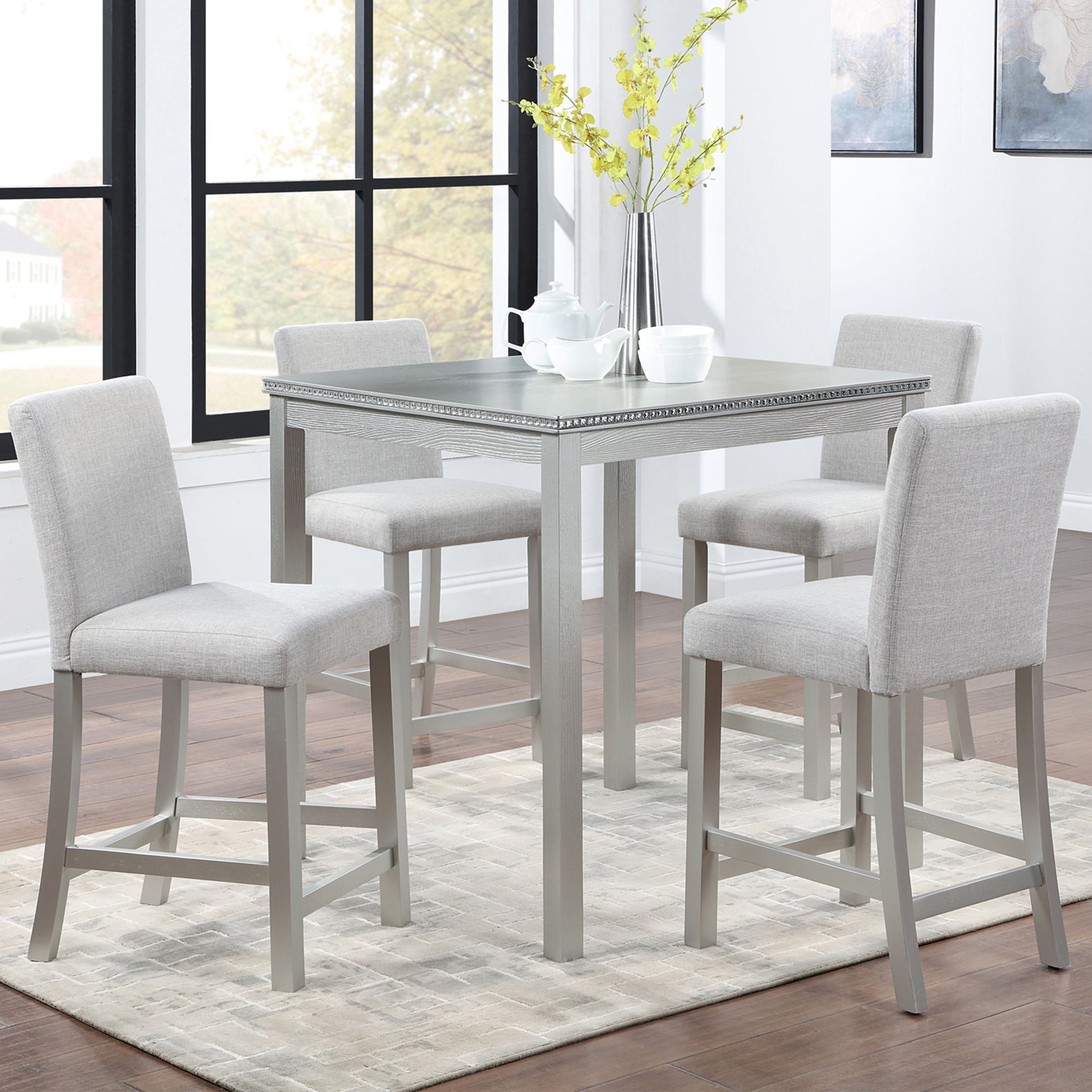 5 Piece Counter Height Table Set, Square Table And 4 Upholstered Chairs