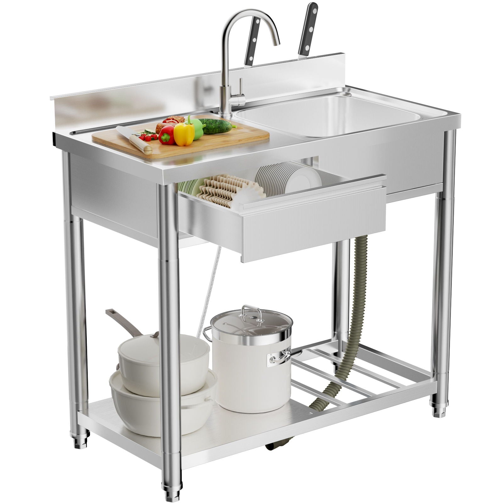 Outdoor Utility Sink With Workbench & Storage Shelf, Freestanding Prep Table With Left Drawer, Garden Patio Sink Station With 360° Hot & Cold Water Faucet - Silver