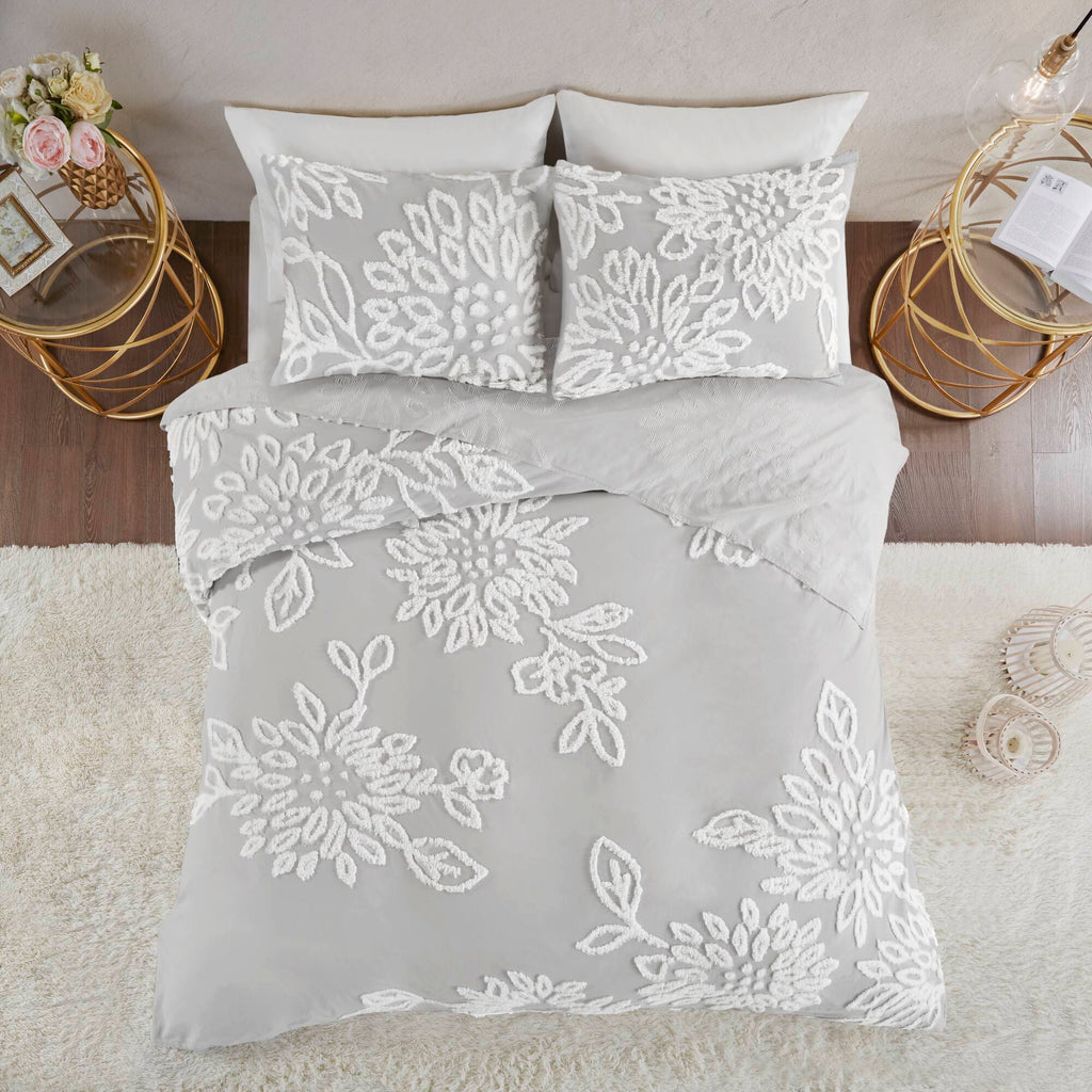 Veronica - 3 Piece Tufted Floral Duvet Cover Set - Gray / White