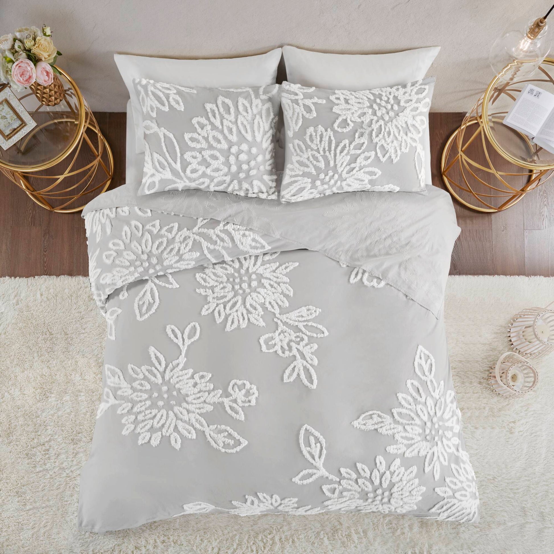 Veronica - 3 Piece Tufted Floral Duvet Cover Set - Gray / White