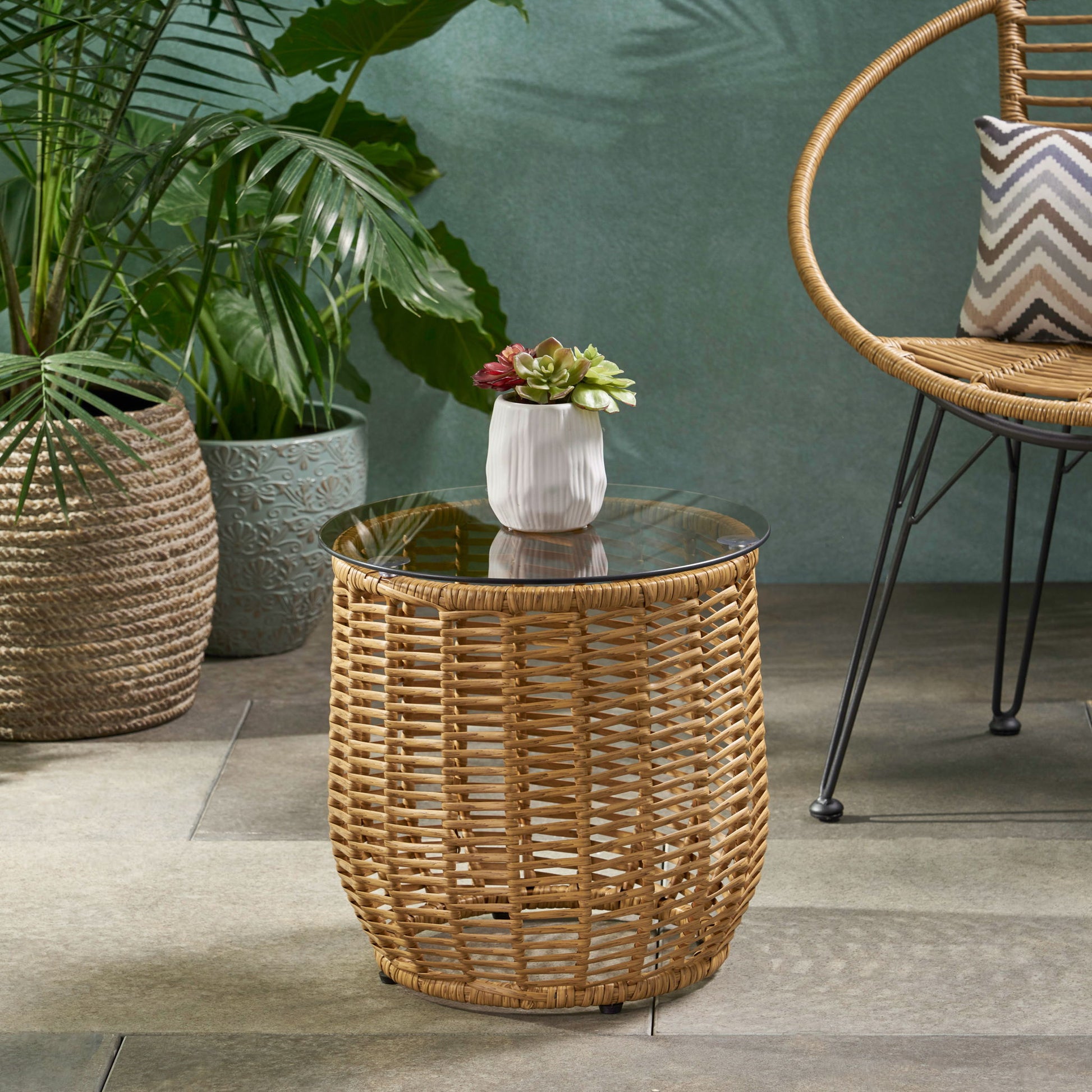 Boho Arias - Side Table With Tempered Glass Top And Rattan Wrap