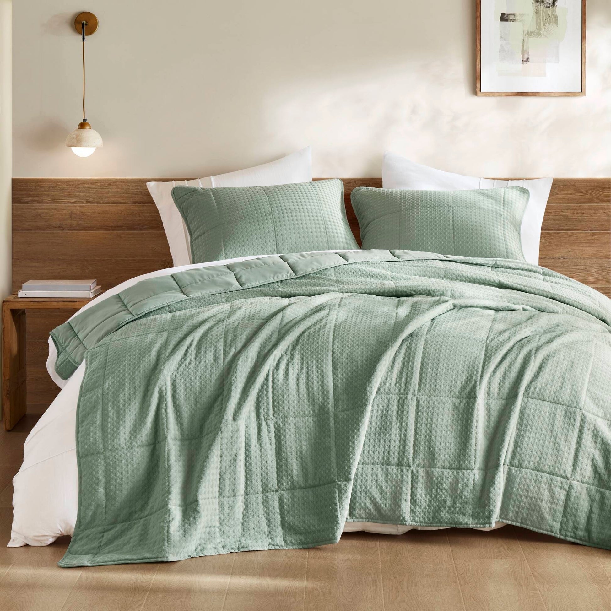 Mina - King/California King Waffle Weave Textured Quilt Set - Green