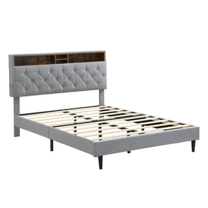 Modern Upholstered Platform Bed Frame With Button Tufted Headboard And USB Ports