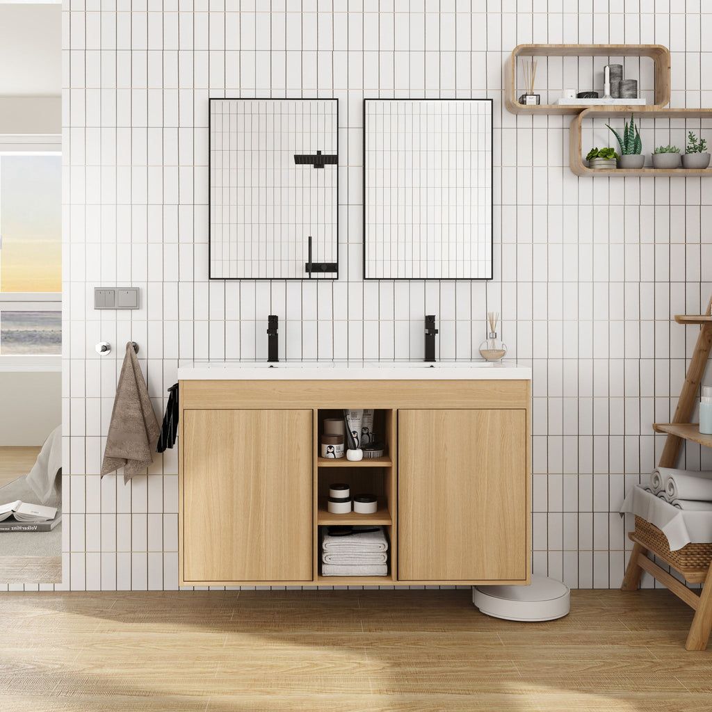 48" Freestanding Bathroom Vanity With Double Sink, 2 Soft Close Doors & 3 Open Shelves - Oak