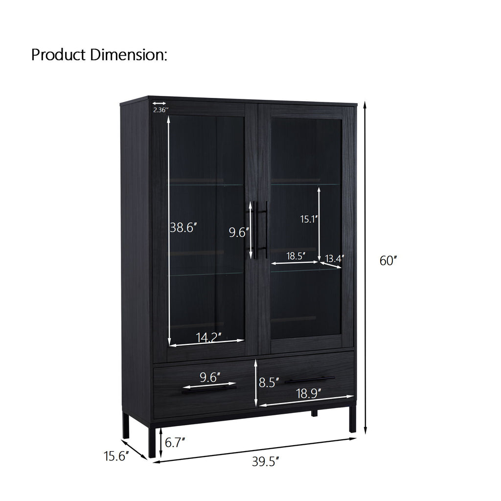 Modern Style Tall Display Cabinet With LED Lighting, Tempered Glass Door, 2 Drawers