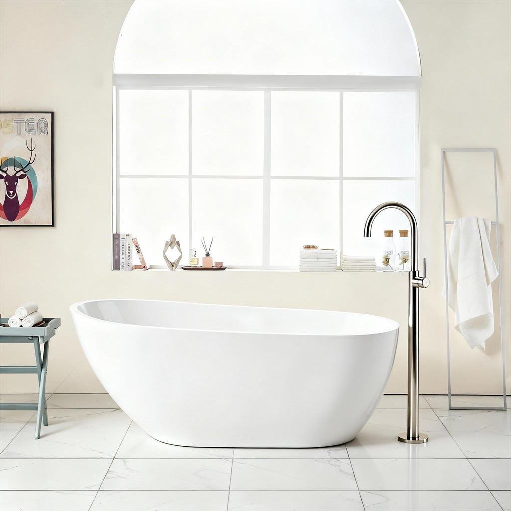 Contemporary Glossy Freestanding Bathtub With Chrome Overflow And Drain