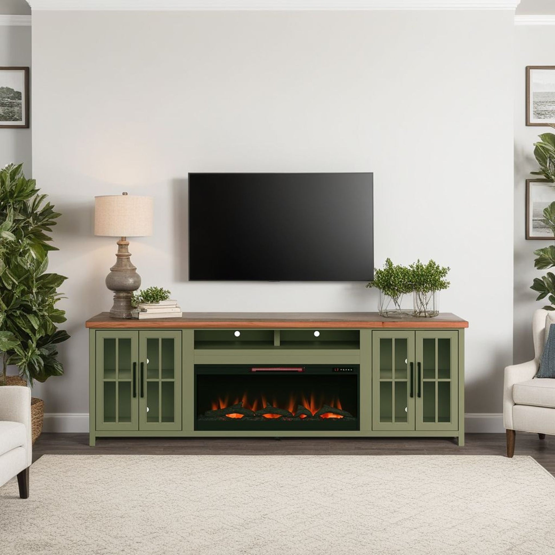 Vineyard - 97" Fireplace TV Stand Console For TVs Up To 100" - Sage Green And Fruitwood Finish