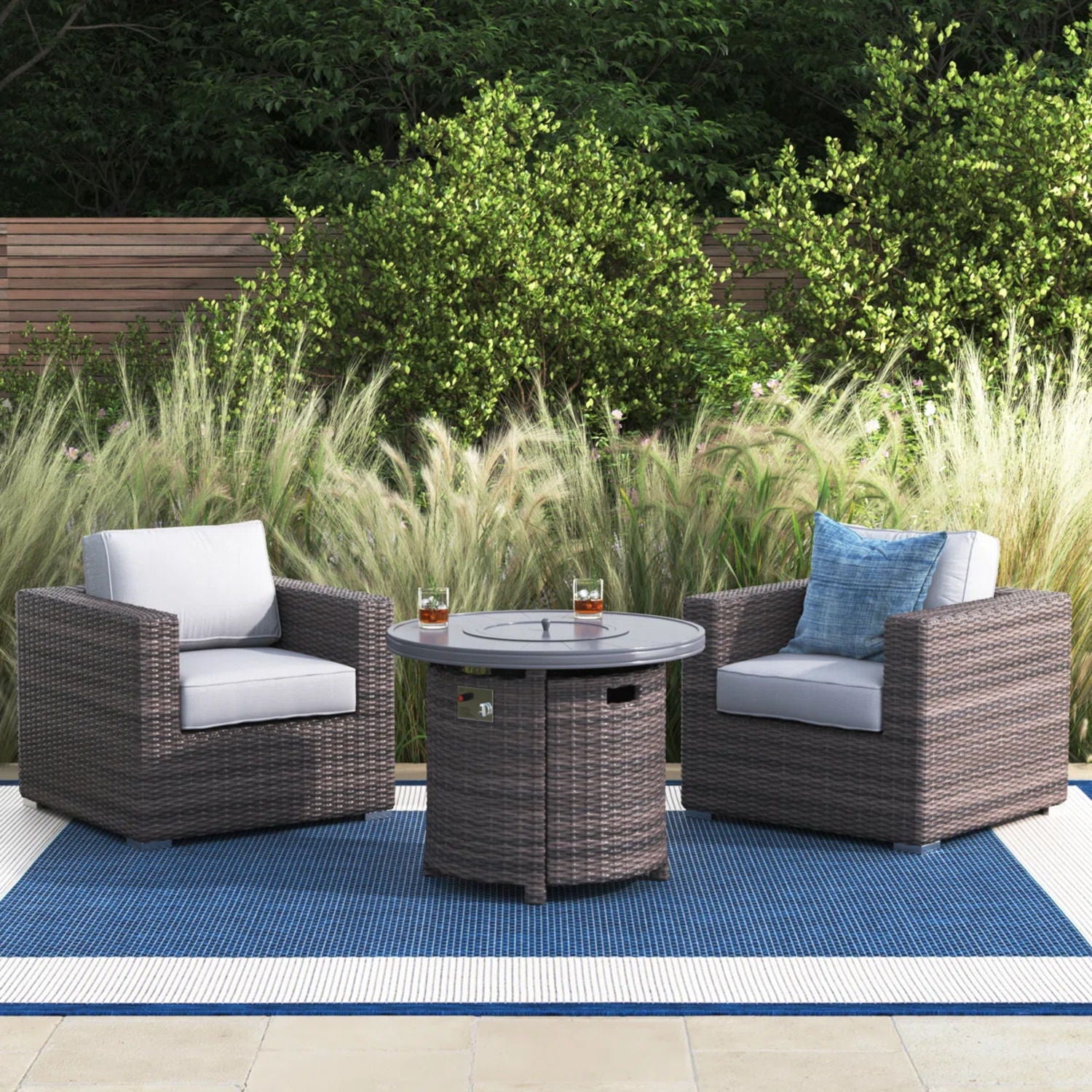 Rattan Patio Set With Comfortable Cushions And Fire Pit