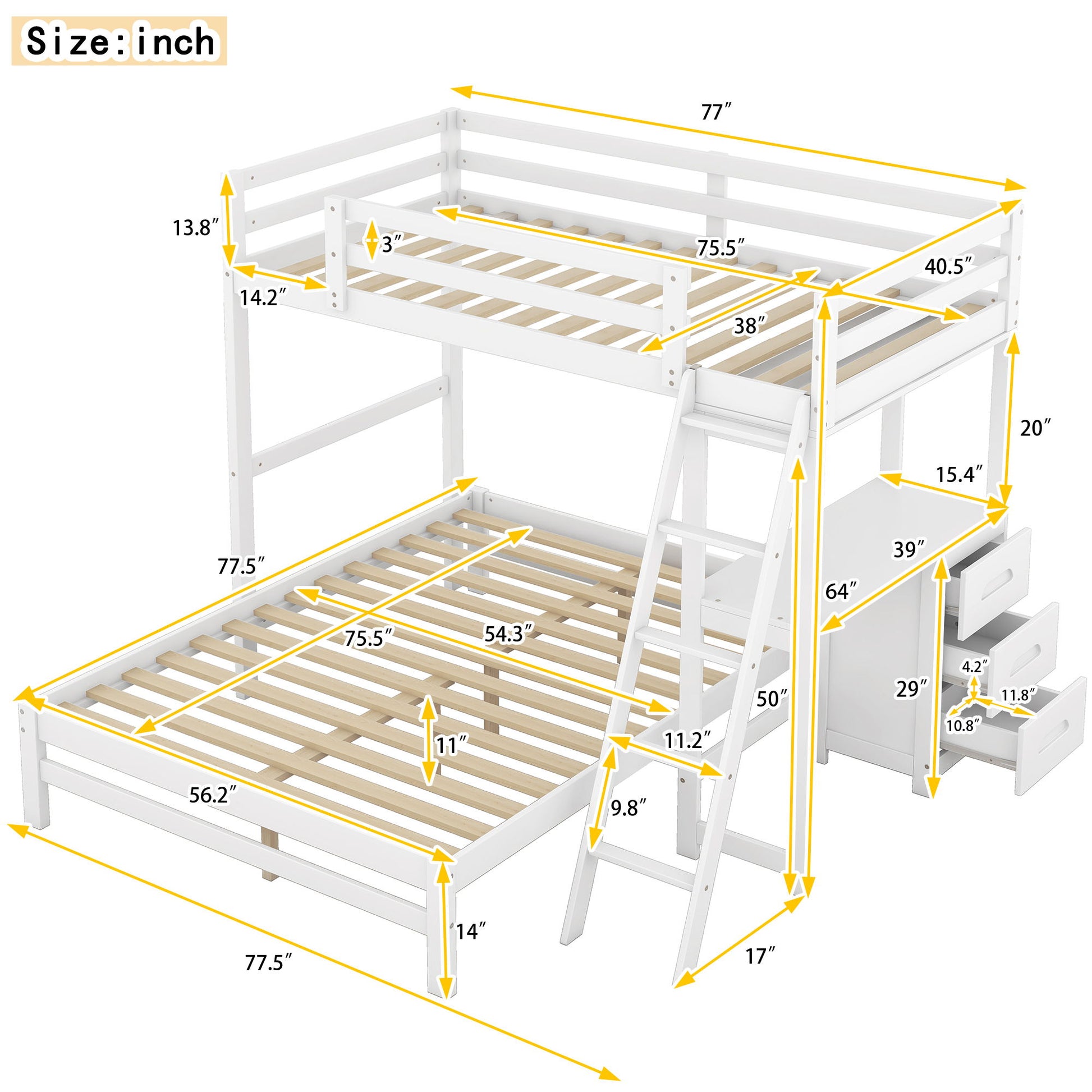 Bunk Bed With Built In Desk And 3 Drawers
