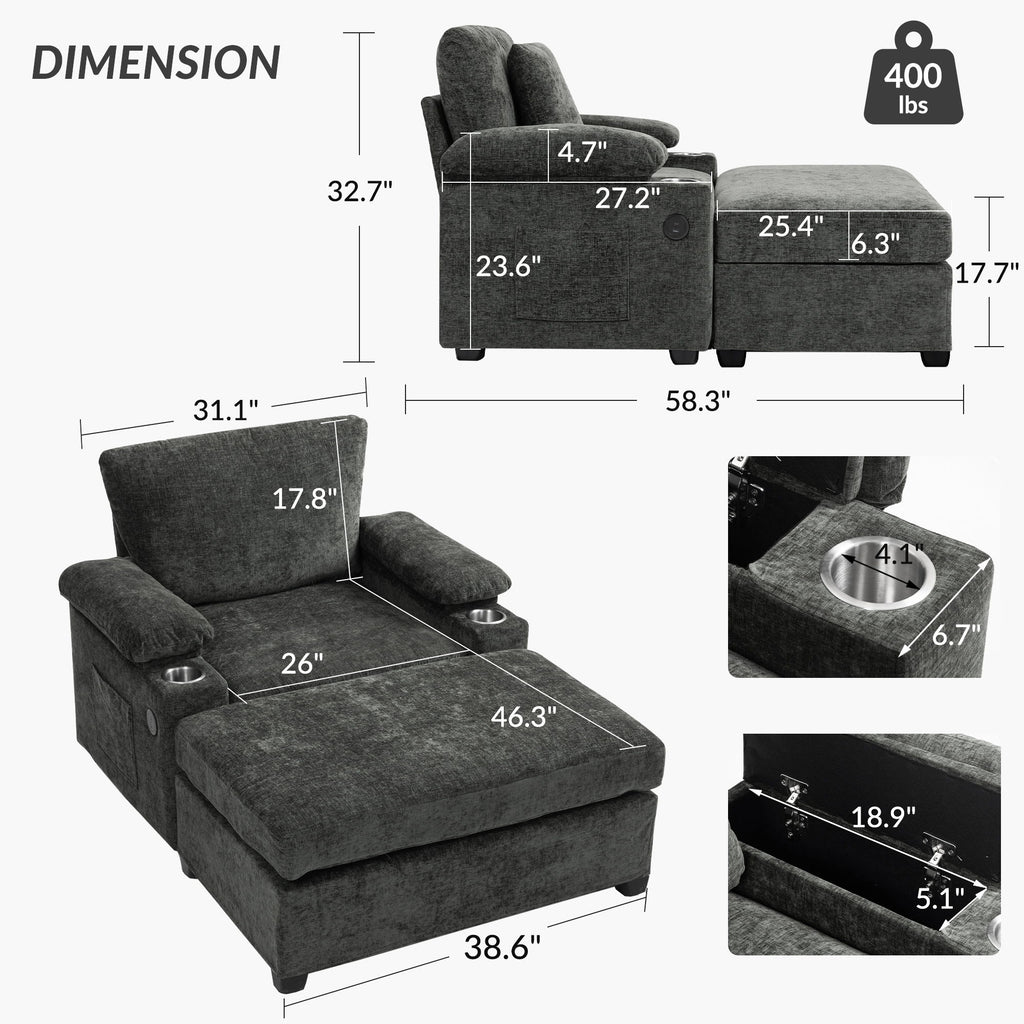 Modern Oversized Chair With Ottoman, Cupholders And USB Charging Ports