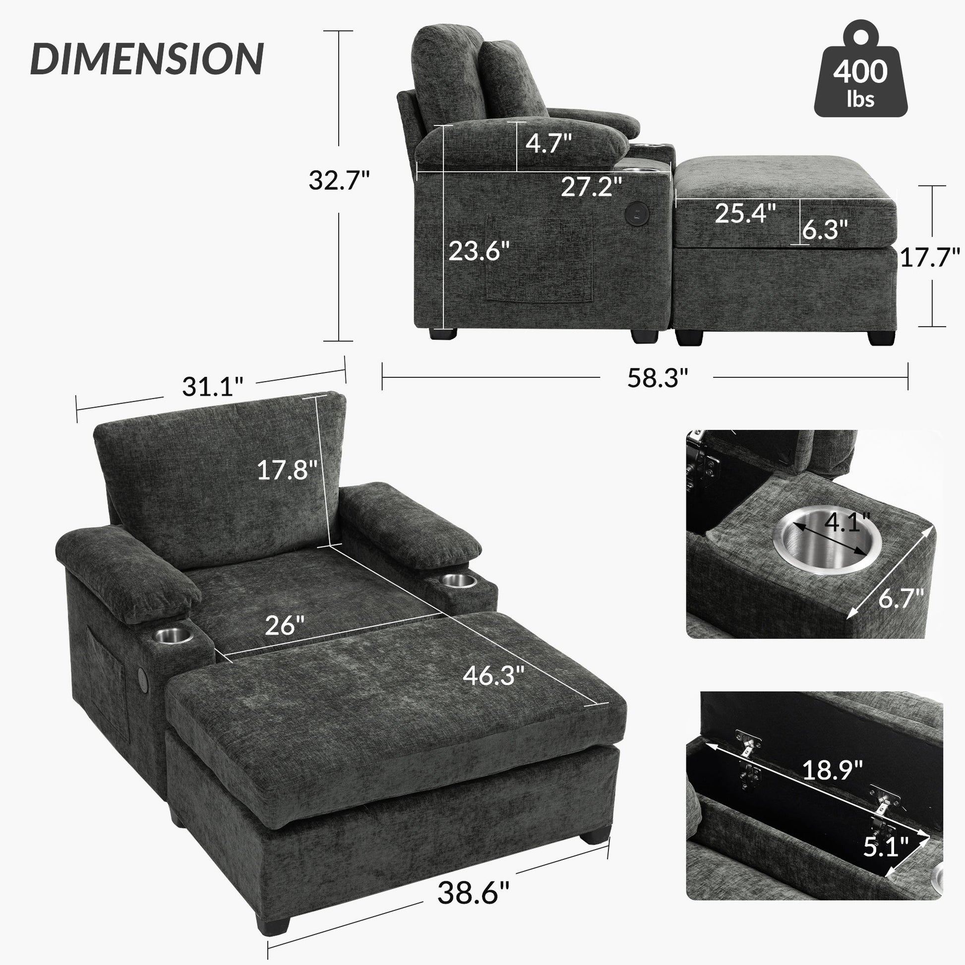 Modern Oversized Chair With Ottoman, Cupholders And USB Charging Ports