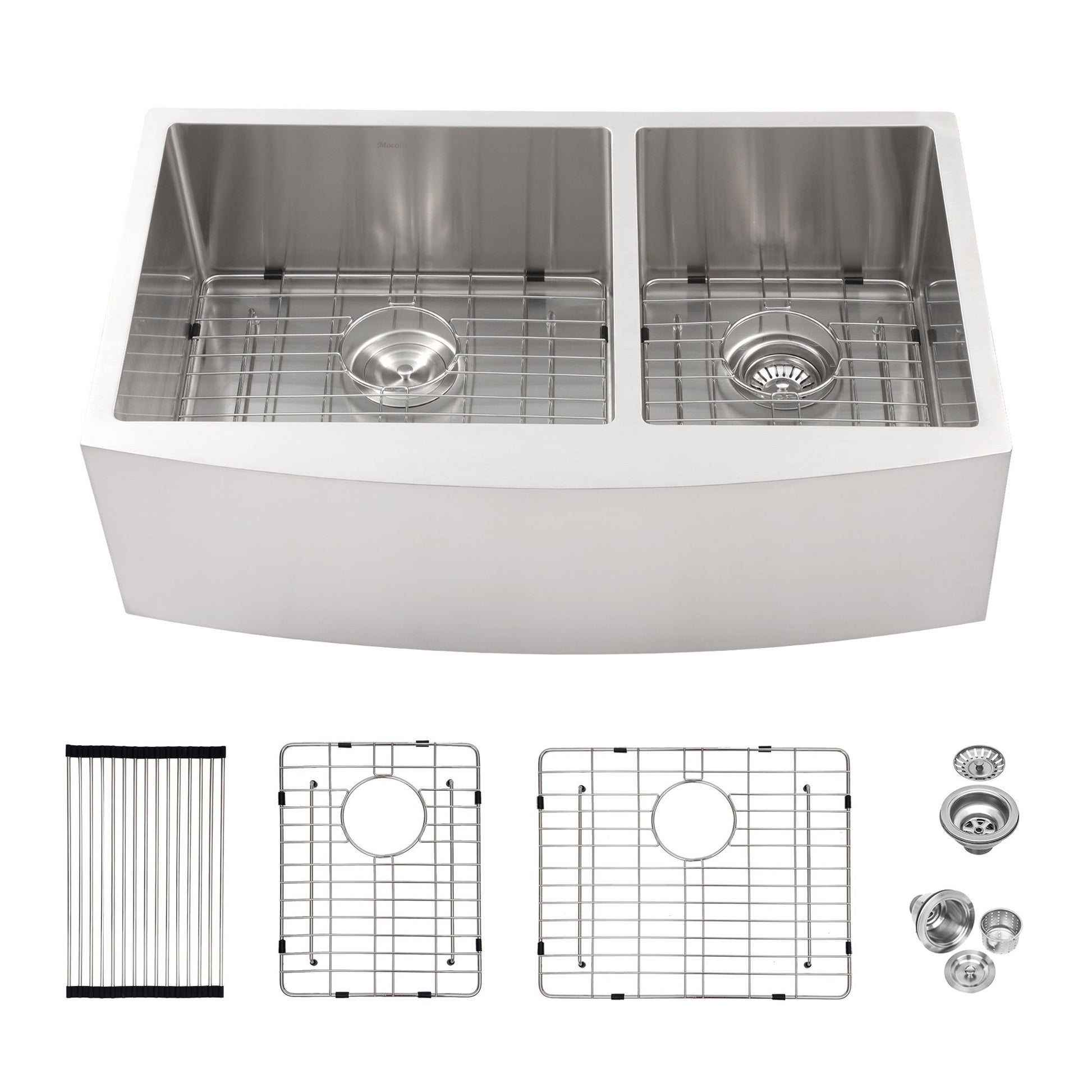 Double Bowl Sink 60 / 40 Split Apron Front Kitchen Sink In 16 Gauge With 2 10" Deep Basins 33" X21" X10" - Brushed Nickel